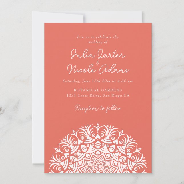 Coral Warm Sunset Abstract Mandala Wedding Invitation (Front)