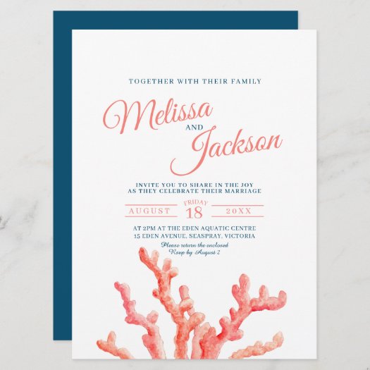 Coral watercolor art painting navy blue wedding in invitation