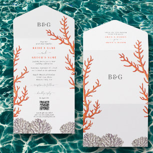 Coral Watercolor Beach Modern QR Code Wedding All In One Invitation