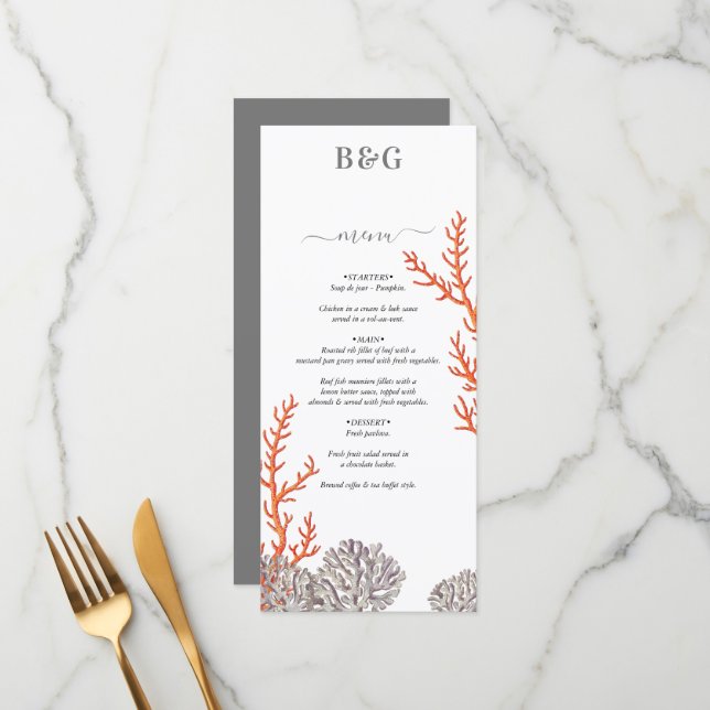 Coral Watercolor Beach Modern Wedding Menu (Front/Back In Situ)