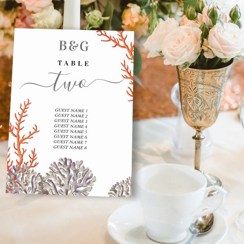 Coral Watercolor Beach Modern Wedding  Table Number