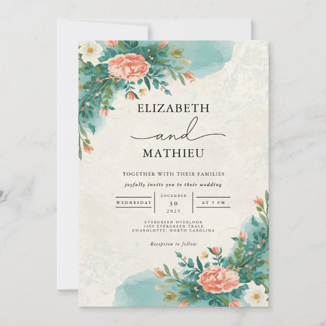 Coral Watercolor Bloom Arch Wedding Invitation (Front)