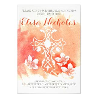Coral watercolor cross floral First Holy Communion Invitation