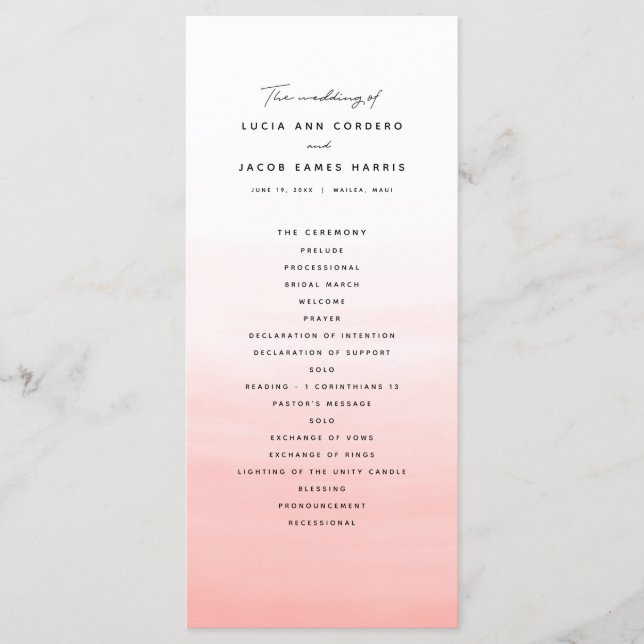 Coral watercolor destination wedding program (Front)