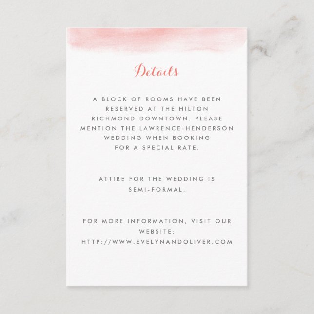 Coral Watercolor Dip Wedding Enclosure Card (Front)