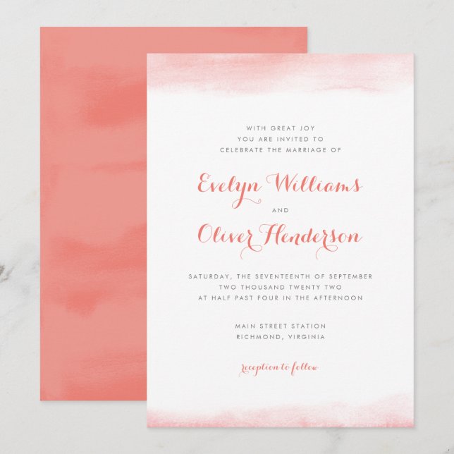Coral Watercolor Dip Wedding Invitation (Front/Back)