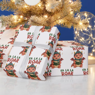 Coral Watercolor Dragon Fa La La Roar Christmas Wrapping Paper