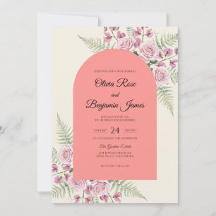 Coral Watercolor Fern Wedding Invitation