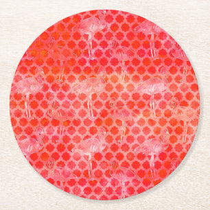 Coral Watercolor Flamingo Moroccan Round Paper Coaster