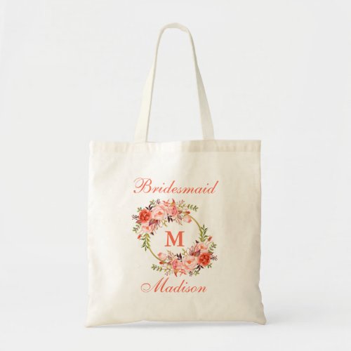 Coral Watercolor Floral Monogram Bridesmaid Tote Bag