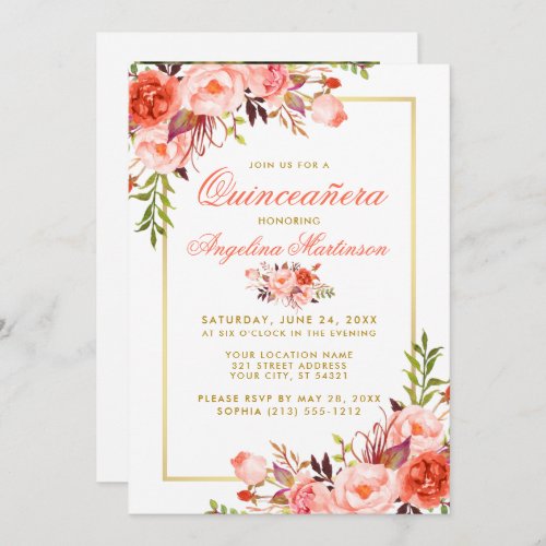 Coral Watercolor Floral Quinceanera Gold Photo Invitation