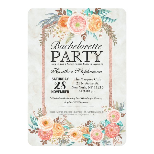 Coral Watercolor Flowers And Gold Bachelorette Invitation