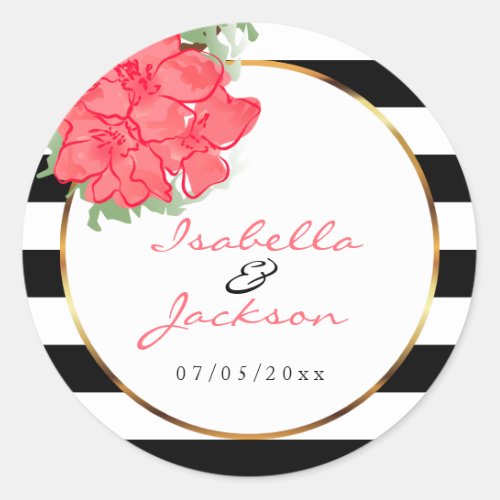 Coral Watercolor Flowers Black  White Stripes Classic Round Sticker