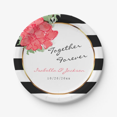 Coral Watercolor Flowers on Black  White Stripes Paper Plates