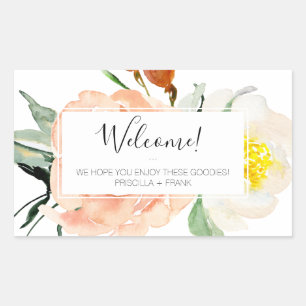 Coral Watercolor Flowers Wedding Welcome Basket Rectangular Sticker