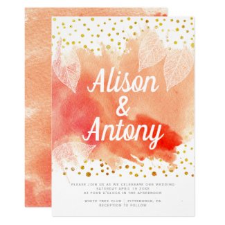 Coral watercolor, gold confetti typography wedding invitation