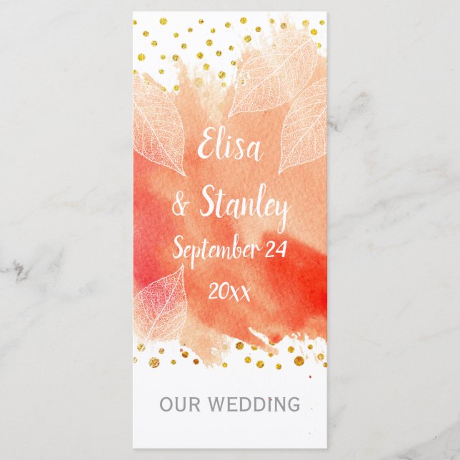Coral watercolor, gold confetti wedding program (Front)