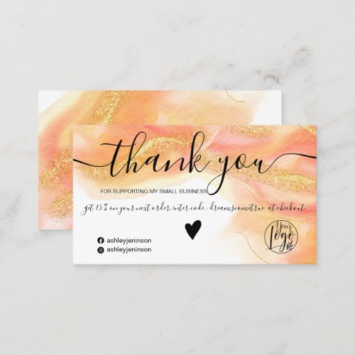 Coral watercolor gold glitter logo order thank you business card