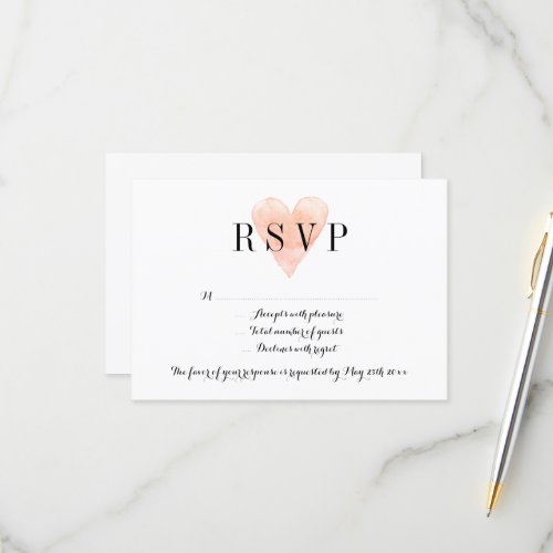 Coral watercolor heart RSVP wedding response cards