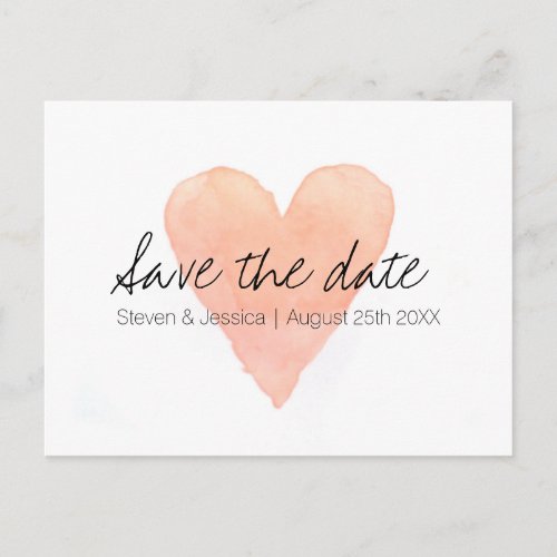 Coral watercolor heart save the date postcards