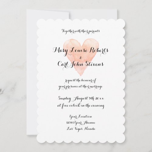 Coral watercolor heart wedding invitation template