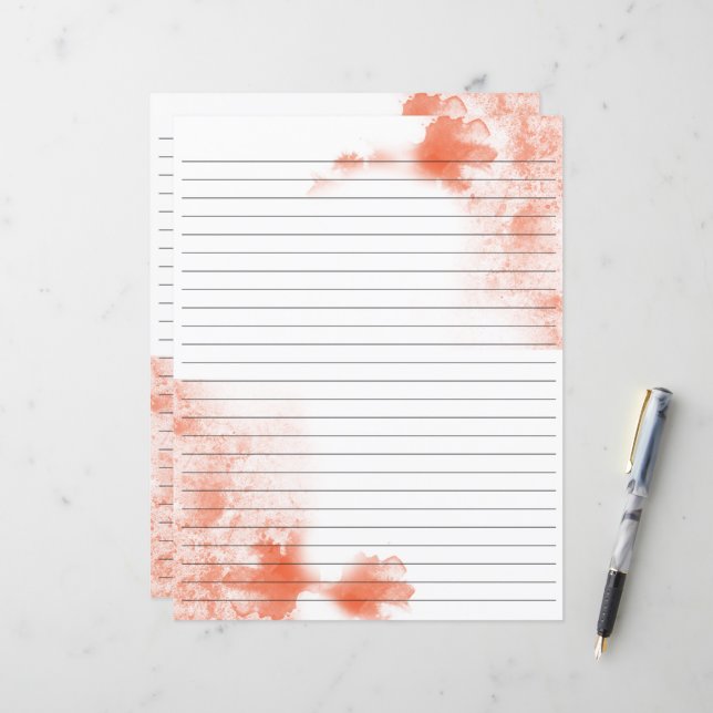 Coral Watercolor lined stationery paper (Front/Back In Situ)