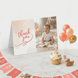 Coral Watercolor Silly Goose Girl First Birthday  Thank You Card