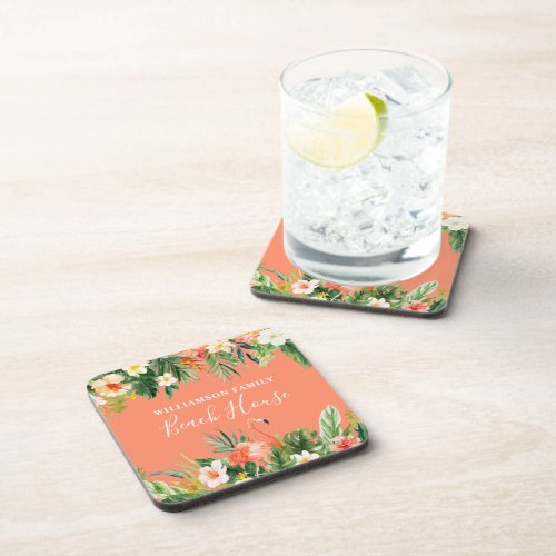 Coral Watercolor Tropical Floral Beach House Beverage Coaster