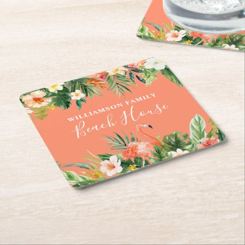 Coral Watercolor Tropical Floral Beach House Square Paper Coaster