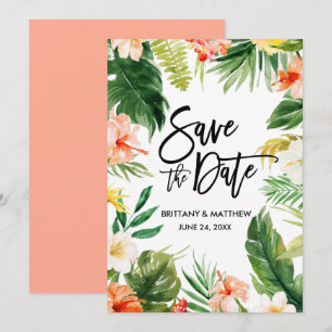 Coral Watercolor Tropical Floral Brush Script Save The Date