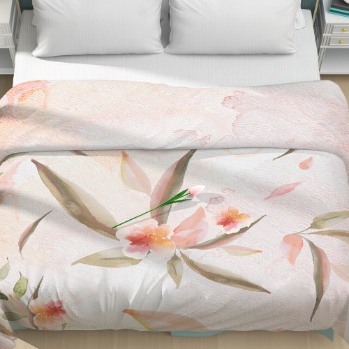 Coral Watercolor Wash Gentle Falling Flower Petals Duvet Cover