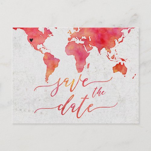 Coral Watercolor World Map Wedding Save the Dat Announcement Postcard
