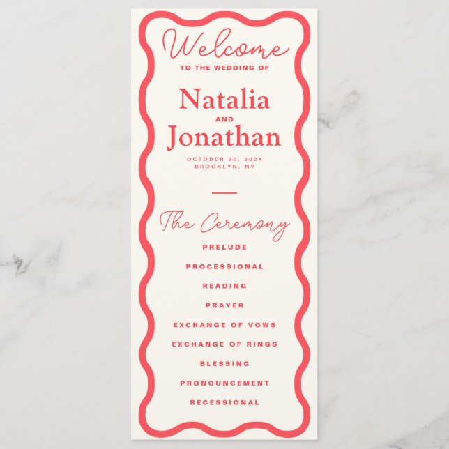 Coral Wavy Retro Wedding Program (Front)