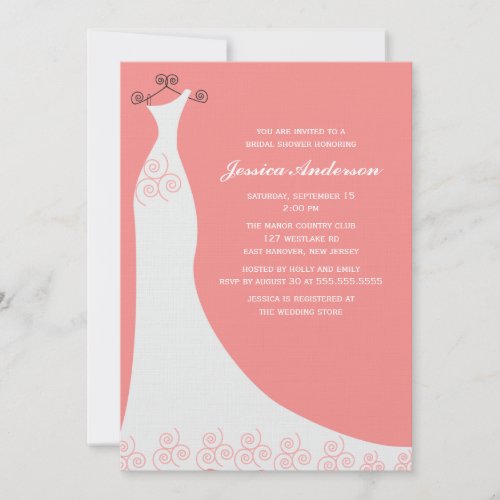 Coral Wedding Gown Bridal Shower Personalized Invitations