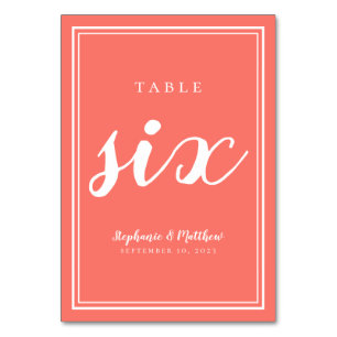 Coral Wedding Table Six Modern Typography Simple Number