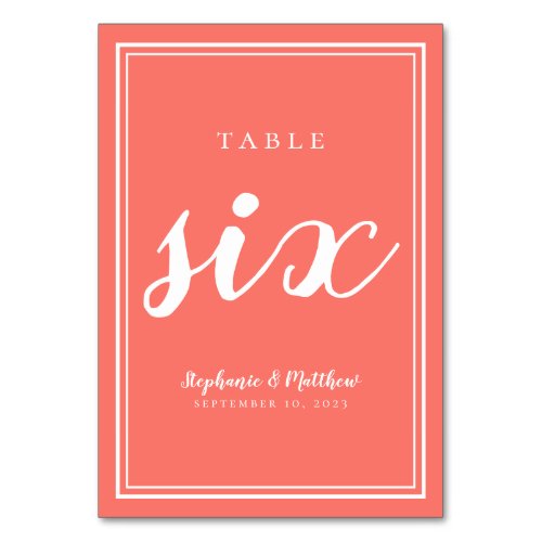 Coral Wedding Table Six Modern Typography Simple Table Number