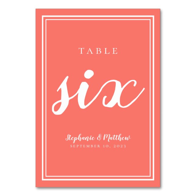 Coral Wedding Table Six Modern Typography Simple Table Number (Back)