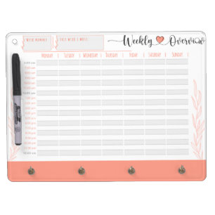 Coral Weekly planner and organiser, hour by hour Dry Erase Board With Keychain Holder