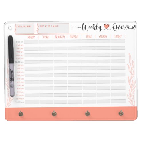 Coral Weekly planner and organiser hour by hour Dry Erase Board With Keychain Holder