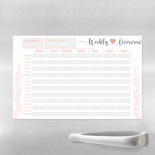 Coral Weekly planner and organiser hour by hour Magnetic Dry Erase Sheet