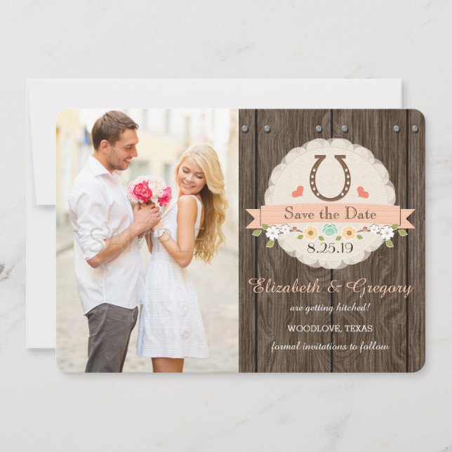 Coral Western Horseshoe Save the Date Card (Front)