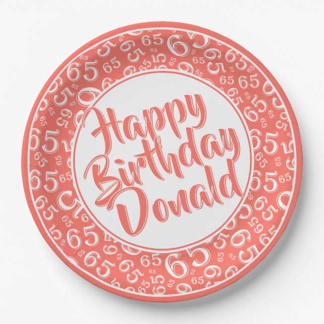 Coral/White 65th Random Number Pattern Paper Plates (Front)