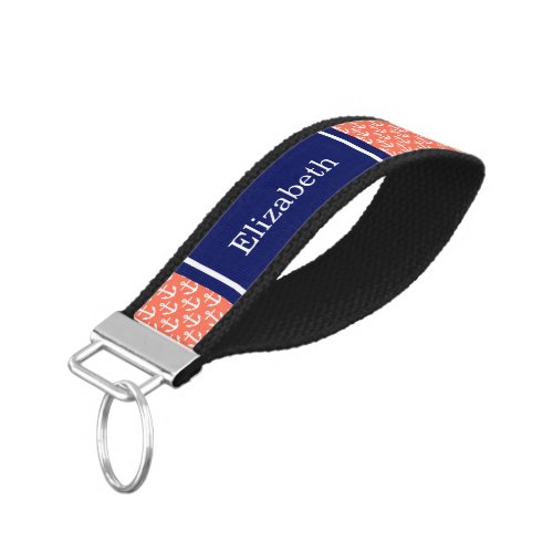 Coral White Anchors Navy Blue Name Monogram Wrist Keychain