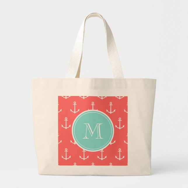 Coral White Anchors Pattern, Mint Green Monogram Large Tote Bag (Front)