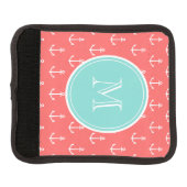 Coral White Anchors Pattern, Mint Green Monogram Luggage Handle Wrap (Front)