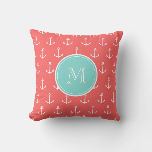 Coral White Anchors Pattern, Mint Green Monogram Throw Pillow (Front)