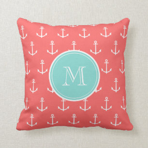 Coral White Anchors Pattern, Mint Green Monogram Throw Pillow