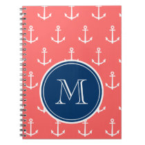 Coral White Anchors Pattern, Navy Blue Monogram Notebook