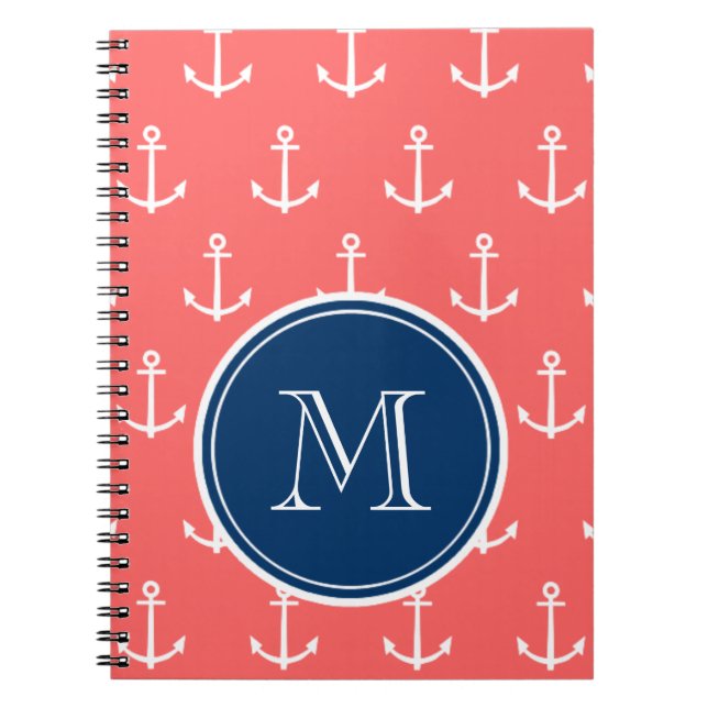 Coral White Anchors Pattern, Navy Blue Monogram Notebook (Front)