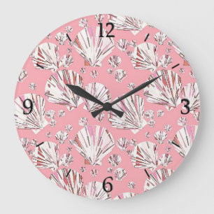Coral, white and pink sea shells, pink background large clock